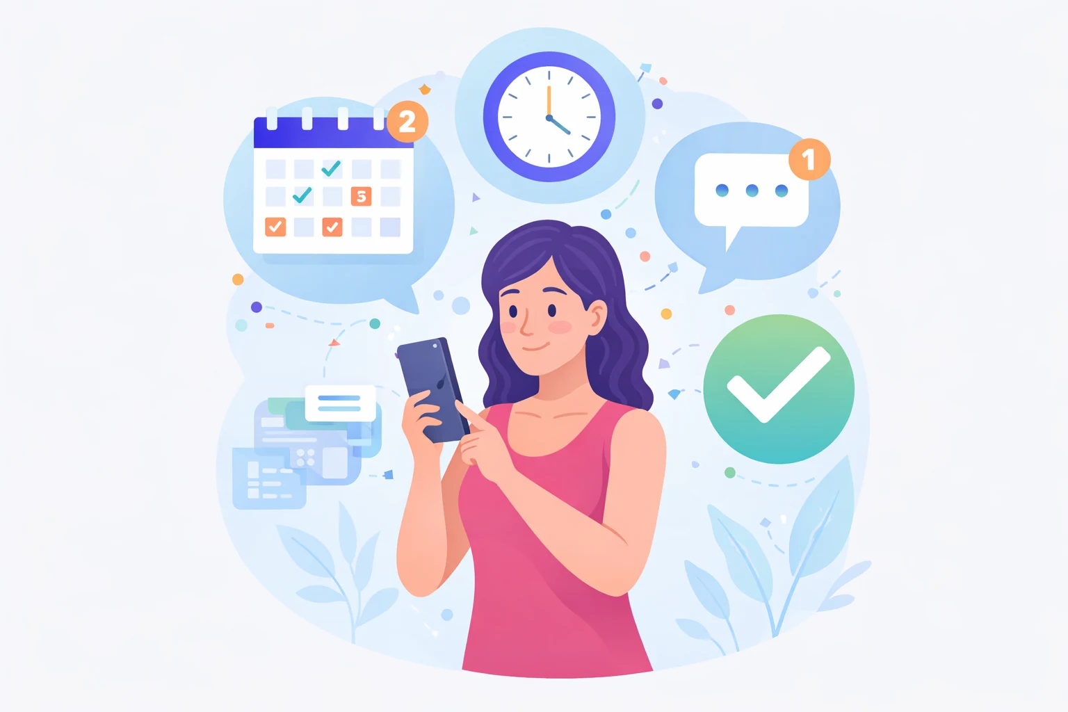 Mulher usando o celular com ilustrações de calendário, relógio, mensagens e confirmação de agendamento